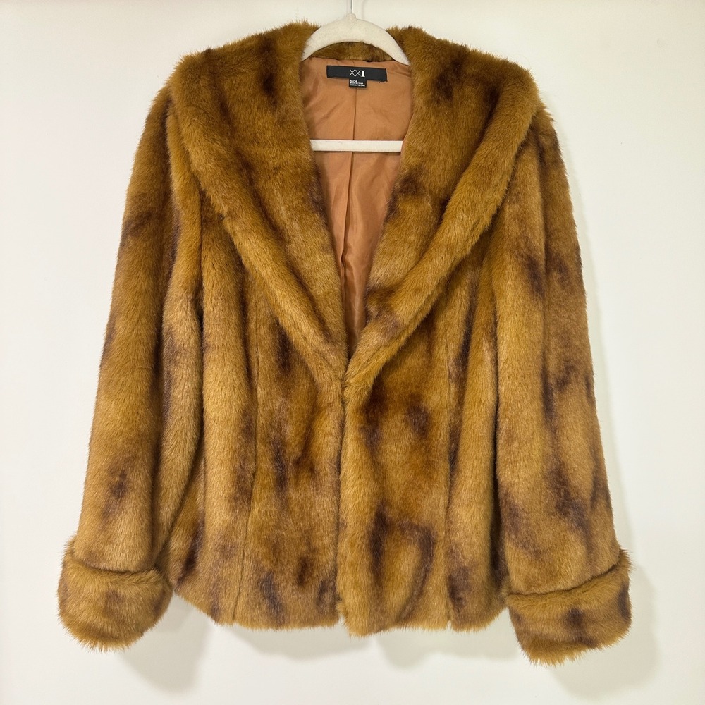 Forever 21 XXI Faux Fur Jacket Brown Animal Print Women Medium Coat Shawl Collar